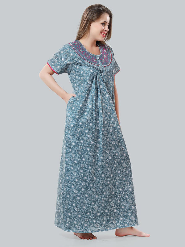 Be You Blue Embroidered Maxi Nightdress