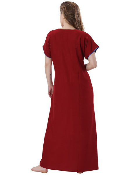 Be You Maroon Embroidered Maxi Nightdress
