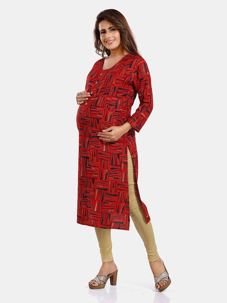 Be You Geometric Printed Round Neck Maternity Straight Kurta