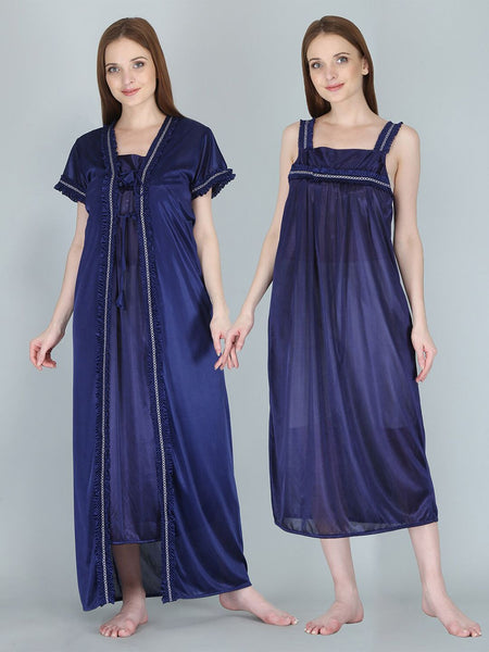 Be You Women Navy Blue Maxi Satin Nightdress