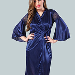 Be You Women Navy Blue Solid Satin Short Nighty with Robe