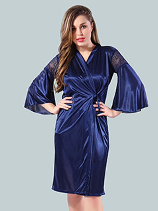 Be You Women Navy Blue Solid Satin Short Nighty with Robe