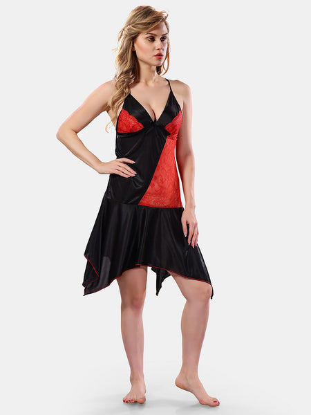 Be You Solid Lace Details Satin Nighty with Robe