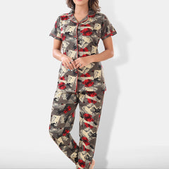 Be You Women Brown & Red Printed Lapel Collar Night Suits