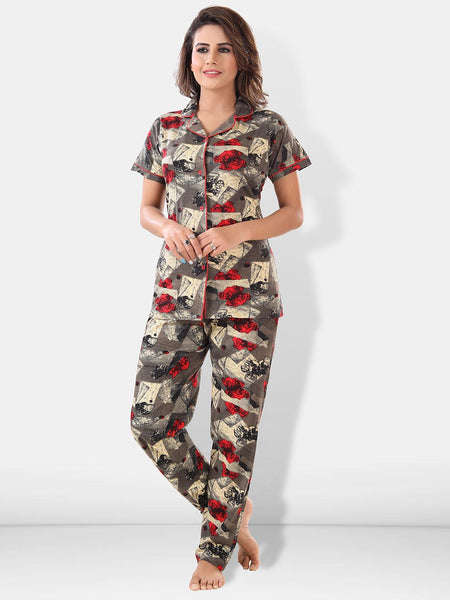 Be You Women Brown & Red Printed Lapel Collar Night Suits