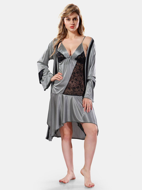 Be You Solid Lace Details Satin Nighty with Robe