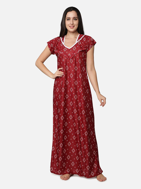 Be You Women Maroon Printed Maternity Maxi Nightdress