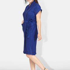Be You Blue Solid Cotton Drawstring Knee Length Bath Robe-L/XL
