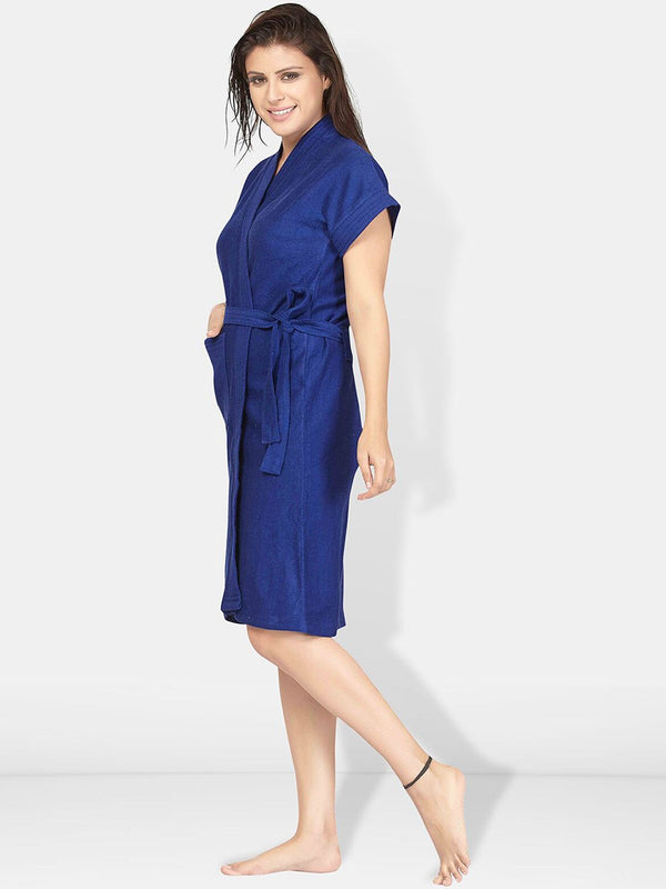 Be You Blue Solid Cotton Drawstring Knee Length Bath Robe-L/XL