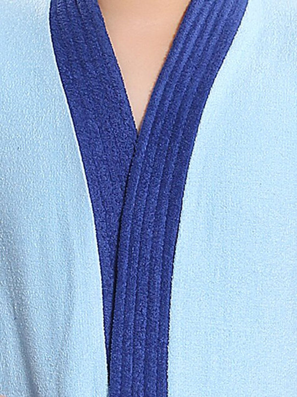Be You Two-Tone Blue Solid Cotton Drawstring Knee Length Bath Robe