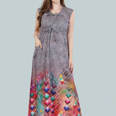 Be You Women Grey Geometric Printed Maxi Nightdress
