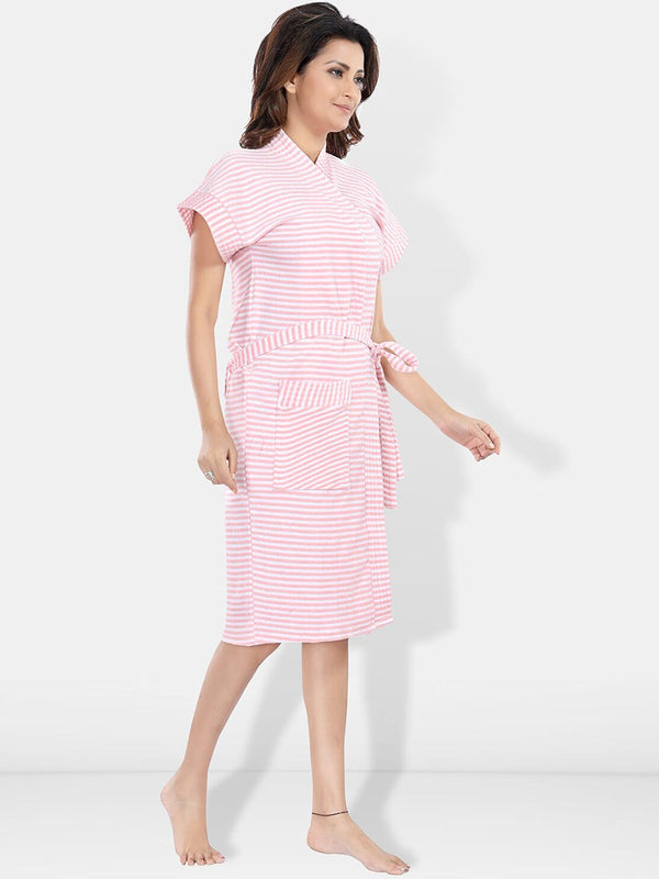 Be You Peach Striped Cotton Drawstring Knee Length Bath Robe-2XL