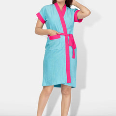 Be You Two-Tone Blue Solid Cotton Drawstring Knee Length Bath Robe