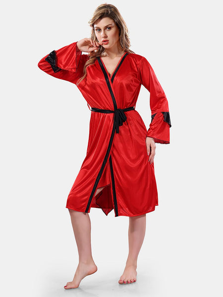 Be You Solid Lace Details Satin Nighty with Robe