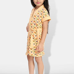 Be You Strawberry Print Cream Conversational Cotton Drawstring Knee Length Bath Robe