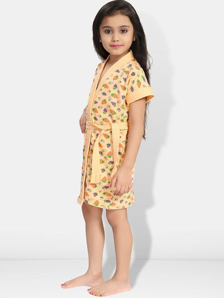 Be You Strawberry Print Cream Conversational Cotton Drawstring Knee Length Bath Robe