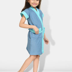 Be You Two-Tone Blue Solid Cotton Drawstring Knee Length Bath Robe