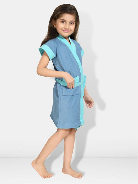Be You Two-Tone Blue Solid Cotton Drawstring Knee Length Bath Robe