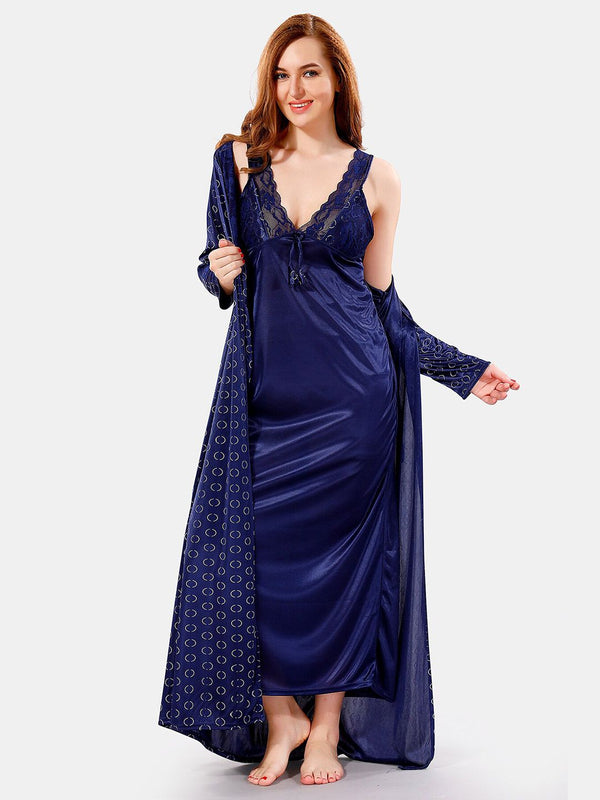 Be You V Neck Lace Satin Maxi Nightdress With Robe