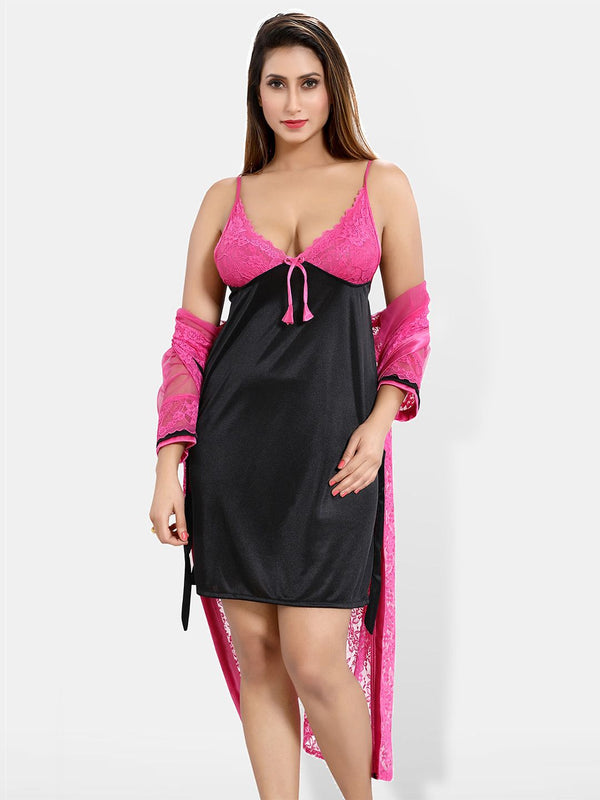 Be You Floral Lace Shoulder Straps Satin Nightdress With Robe