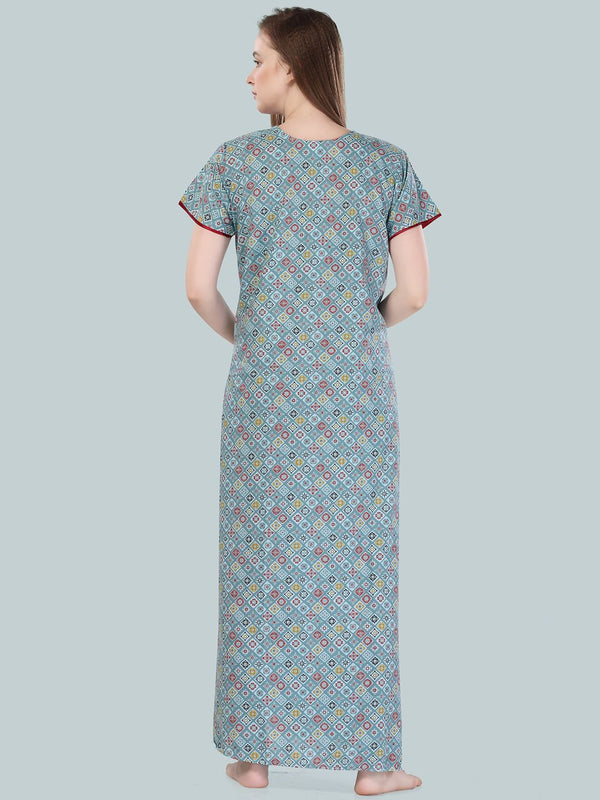 Be You Women Blue Printed Maxi Nightdress