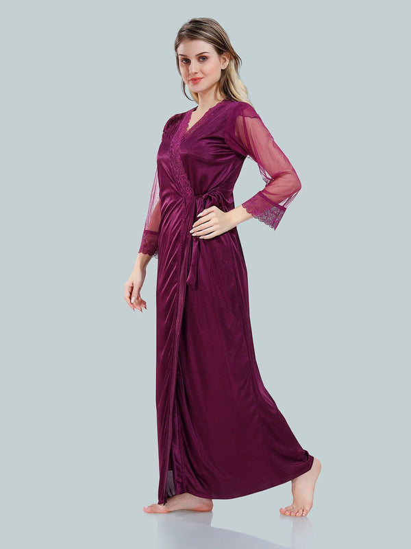 Be You Square Neck Lace Up Details Satin Maxi Nightdress With Robe