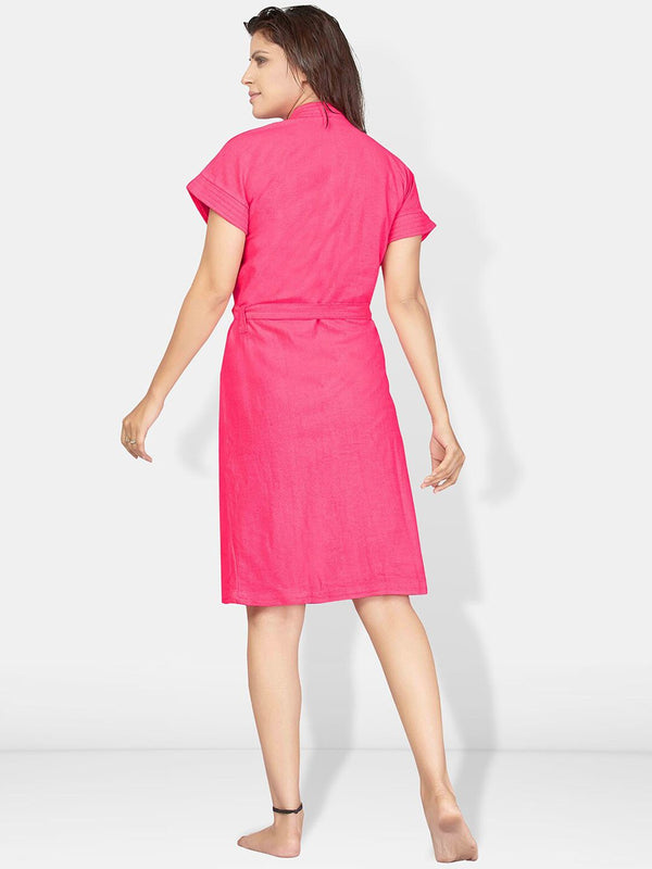 Be You Pink Solid Cotton Drawstring Knee Length Bath Robe-L/XL