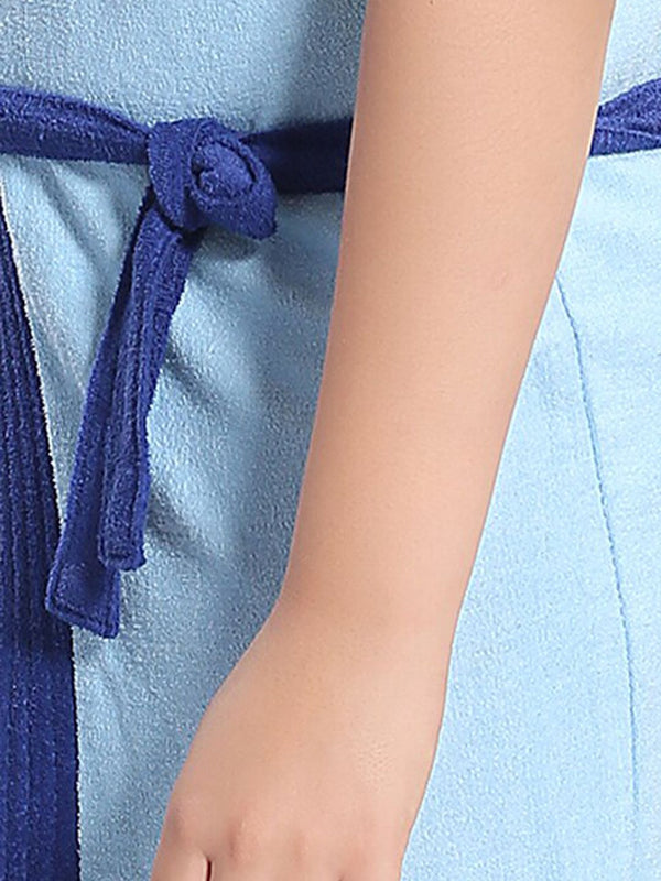Be You Two-Tone Blue Solid Cotton Drawstring Knee Length Bath Robe