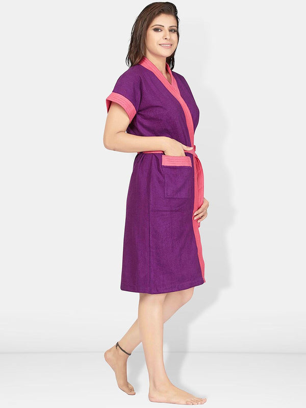 Be You Violet Solid Cotton Drawstring Knee Length Bath Robe