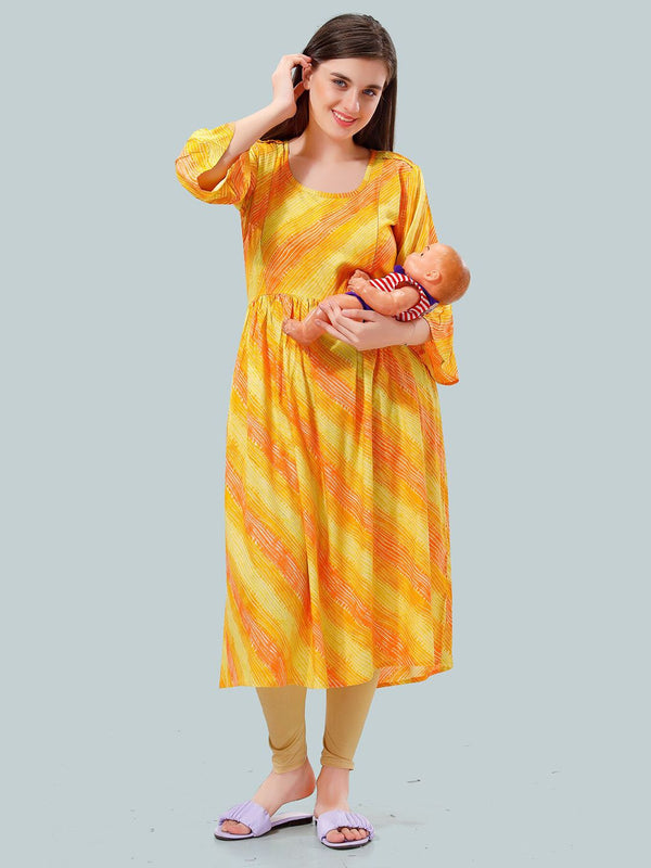 Be You Women Leheriya Printed Bell Sleeves Maternity Kurta