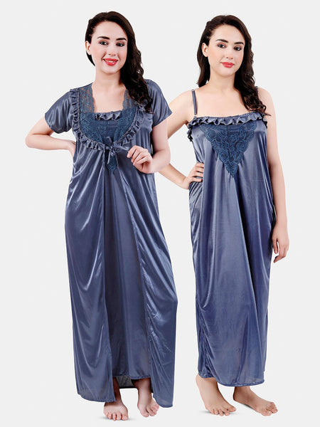 Be You Floral Lace Shoulder Straps Satin Maxi Nightdress With Robe