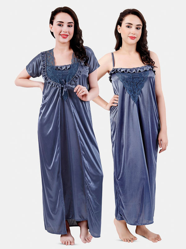 Be You Floral Lace Shoulder Straps Satin Maxi Nightdress With Robe