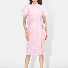 Be You Peach Striped Cotton Drawstring Knee Length Bath Robe-2XL