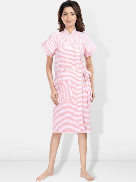 Be You Peach Striped Cotton Drawstring Knee Length Bath Robe-2XL