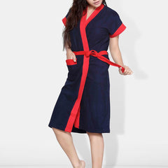 Be You Navy Blue Solid Cotton Drawstring Knee Length Bath Robe-L/XL