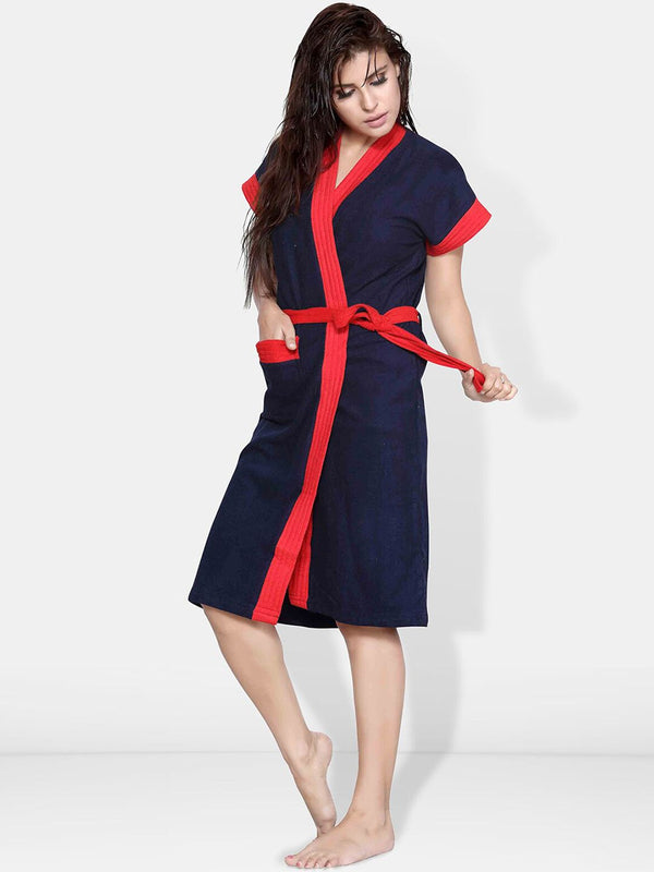 Be You Navy Blue Solid Cotton Drawstring Knee Length Bath Robe-L/XL