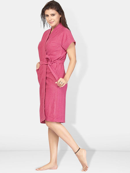 Be You Pink Solid Cotton Drawstring Knee Length Bath Robe