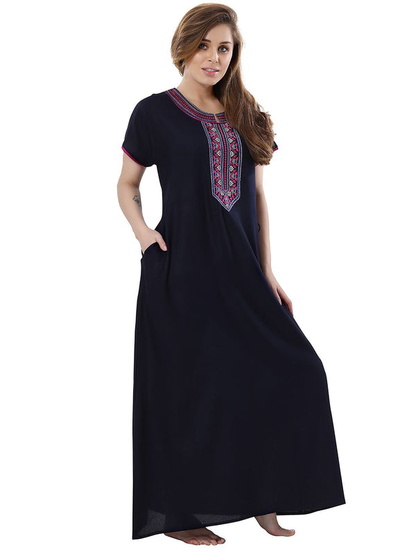 Be You Navy Blue Embroidered Maxi Nightdress