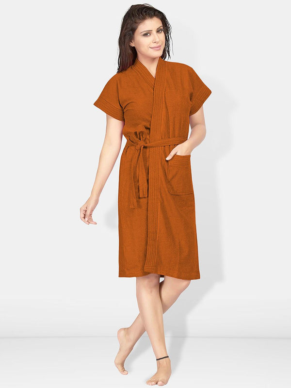 Be You Brown Solid Cotton Drawstring Knee Length Bath Robe
