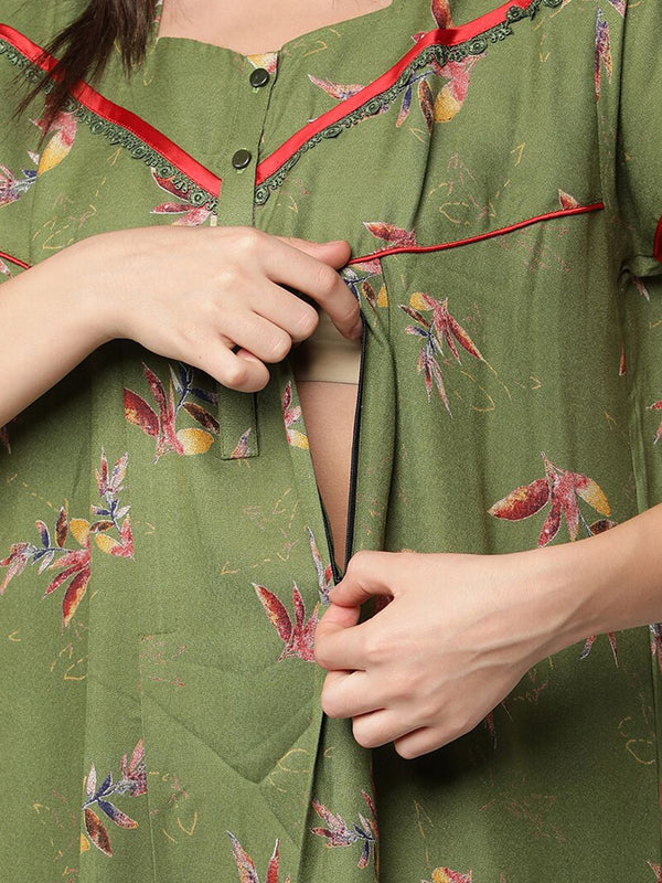 Be You Olive Green Floral  Alpine Feeding / Maternity Gown For Women