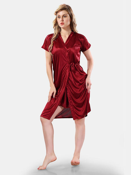 Be You Solid Lace Details Satin Nighty with Robe