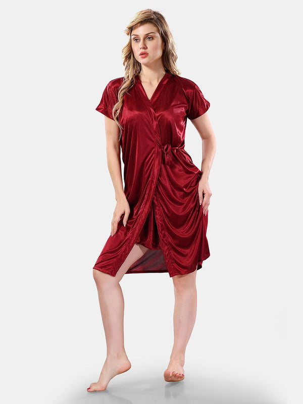 Be You Solid Lace Details Satin Nighty with Robe