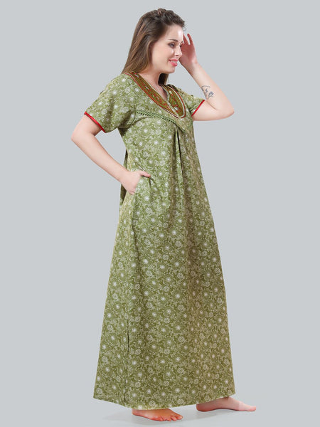 Be You Olive Green Embroidered Maxi Nightdress