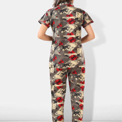 Be You Women Brown & Red Printed Lapel Collar Night Suits
