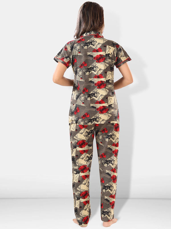 Be You Women Brown & Red Printed Lapel Collar Night Suits