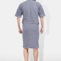 Be You Navy Blue Striped Cotton Drawstring Knee Length Bath Robe-3XL