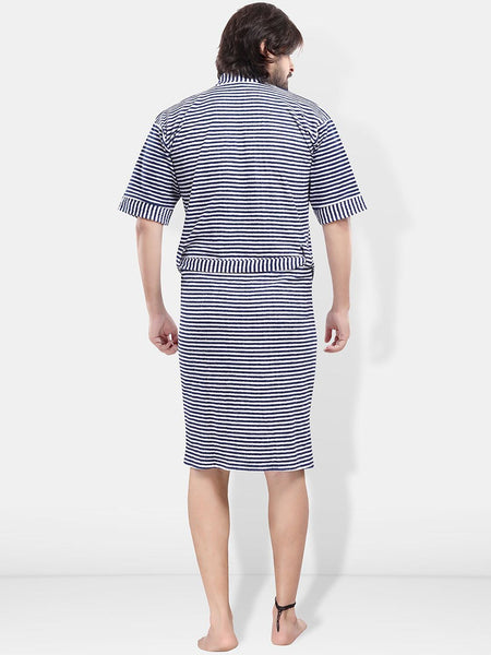 Be You Navy Blue Striped Cotton Drawstring Knee Length Bath Robe-3XL