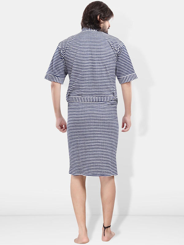 Be You Navy Blue Striped Cotton Drawstring Knee Length Bath Robe-3XL