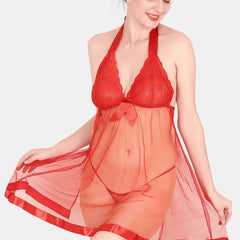 Be You Self Design Halter Neck Tie-Ups Net Baby Doll With Brief