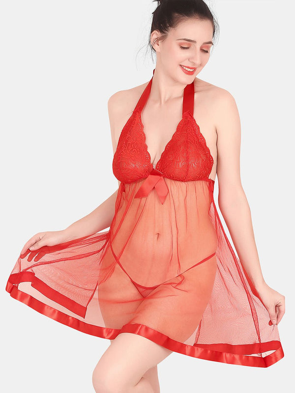 Be You Self Design Halter Neck Tie-Ups Net Baby Doll With Brief